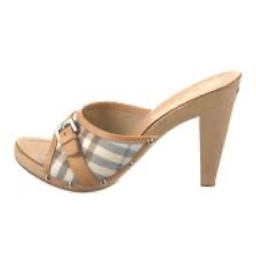 Burberry Nova Plaid wood heel sandals with leather accents. Size 10.